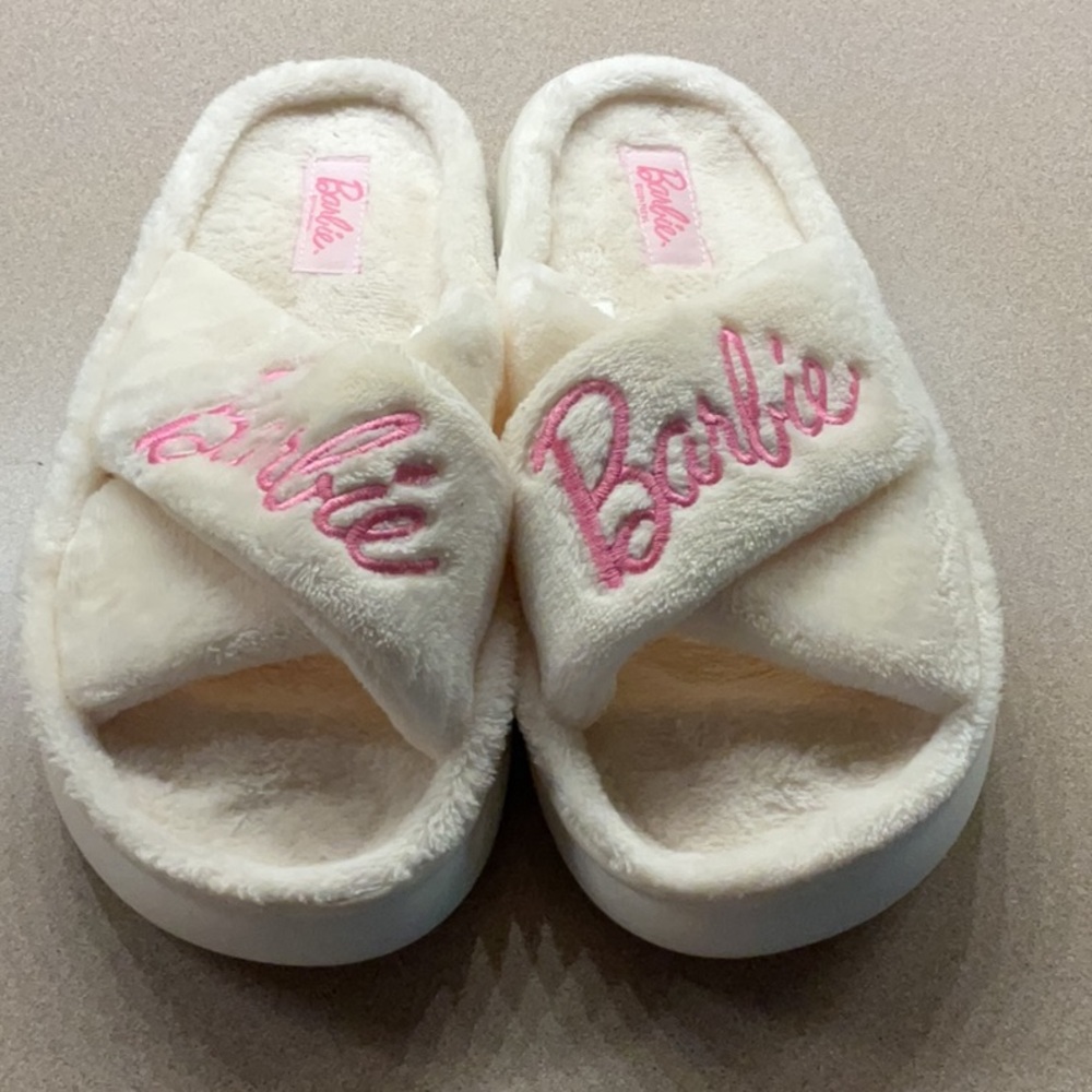 Barbie Fuzzy Cream Slippers with Pink Embroidery